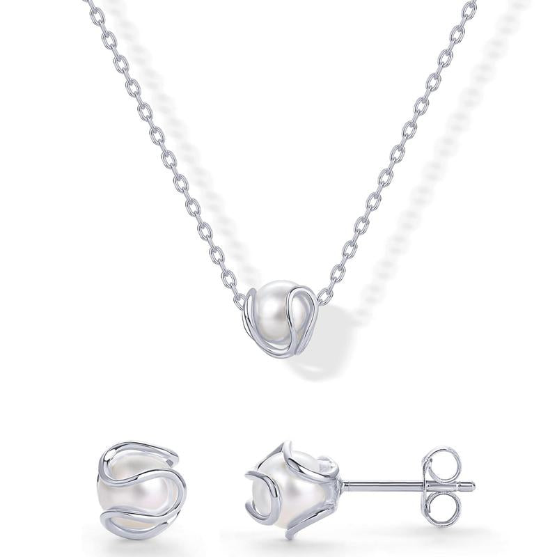 PAVOI 14K Gold Plated round Shell Pearl Jewelry Set for Women - Gold Pearl Necklace and Earring Set with Pendant Necklace and Caged Stud Earrings Pack