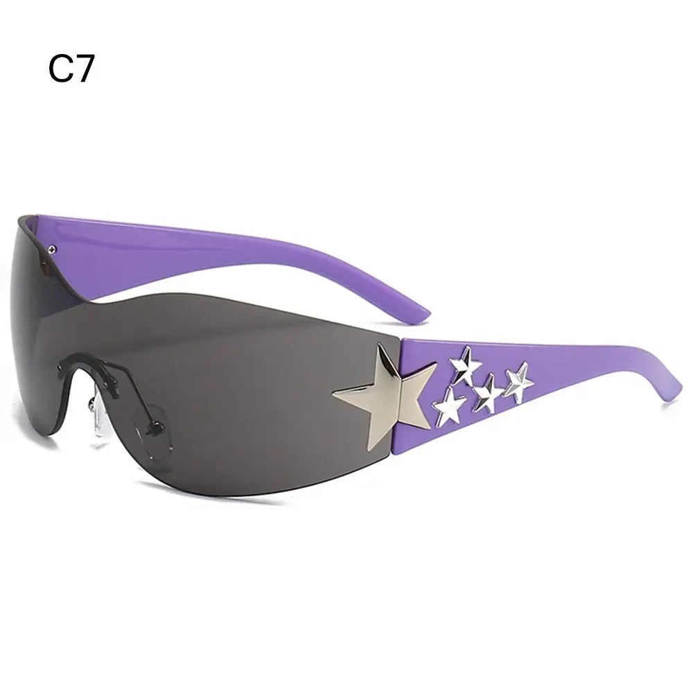 Star Power: Rimless Y2K Sunglasses for Trendsetters 🖤✨" Elevate your outdoor style with these rimless Y2K sunglasses, featuring a unique star wrap-around design perfect for men and women alike. 😎🌟