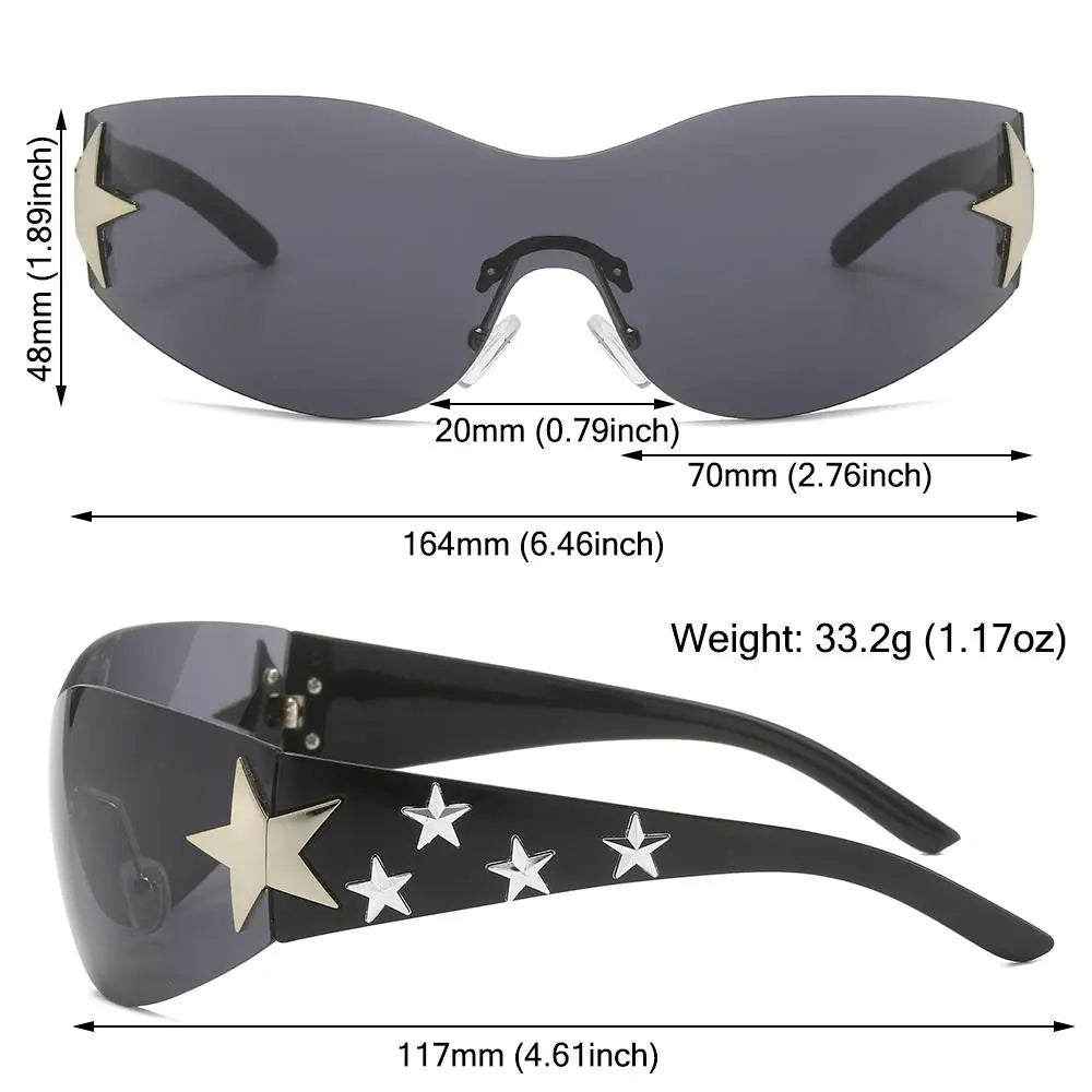 Star Power: Rimless Y2K Sunglasses for Trendsetters 🖤✨" Elevate your outdoor style with these rimless Y2K sunglasses, featuring a unique star wrap-around design perfect for men and women alike. 😎🌟