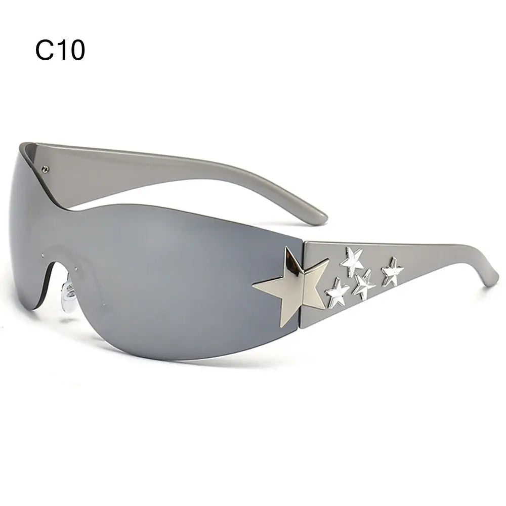 Star Power: Rimless Y2K Sunglasses for Trendsetters 🖤✨" Elevate your outdoor style with these rimless Y2K sunglasses, featuring a unique star wrap-around design perfect for men and women alike. 😎🌟