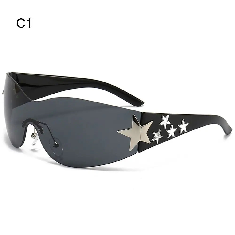 Star Power: Rimless Y2K Sunglasses for Trendsetters 🖤✨" Elevate your outdoor style with these rimless Y2K sunglasses, featuring a unique star wrap-around design perfect for men and women alike. 😎🌟