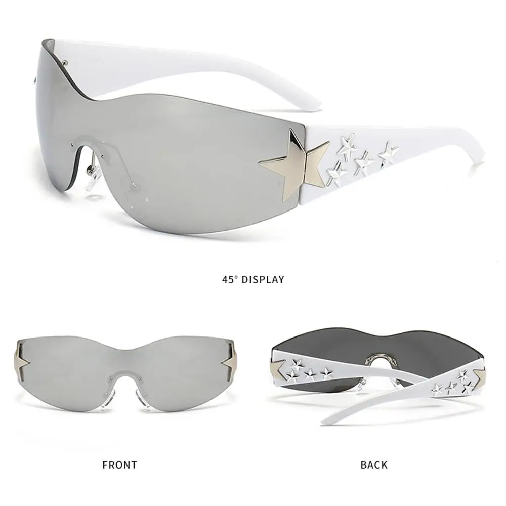 Star Power: Rimless Y2K Sunglasses for Trendsetters 🖤✨" Elevate your outdoor style with these rimless Y2K sunglasses, featuring a unique star wrap-around design perfect for men and women alike. 😎🌟