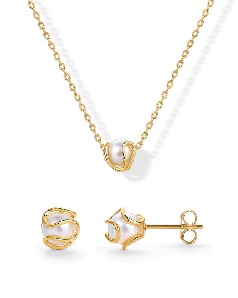 PAVOI 14K Gold Plated round Shell Pearl Jewelry Set for Women - Gold Pearl Necklace and Earring Set with Pendant Necklace and Caged Stud Earrings Pack