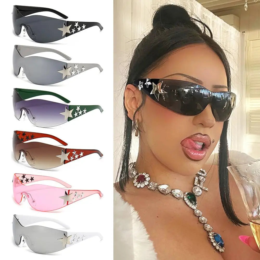 Star Power: Rimless Y2K Sunglasses for Trendsetters 🖤✨" Elevate your outdoor style with these rimless Y2K sunglasses, featuring a unique star wrap-around design perfect for men and women alike. 😎🌟