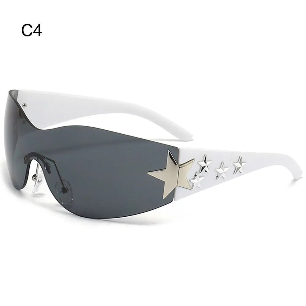 Star Power: Rimless Y2K Sunglasses for Trendsetters 🖤✨" Elevate your outdoor style with these rimless Y2K sunglasses, featuring a unique star wrap-around design perfect for men and women alike. 😎🌟