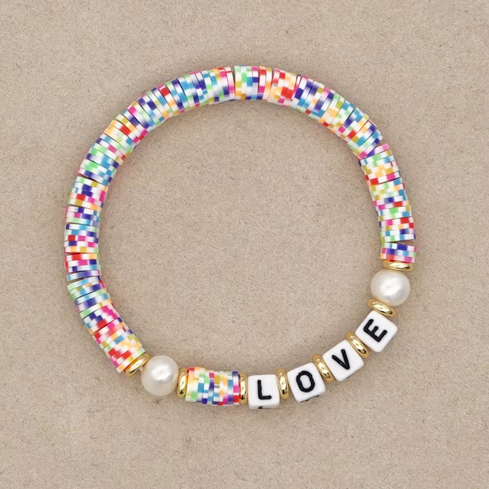 Boho Style Handmade Natural Shell and Beaded Multicolor Clay and Pearl Letter Bracelet for Women Bracelets 2023 Gift Famale
