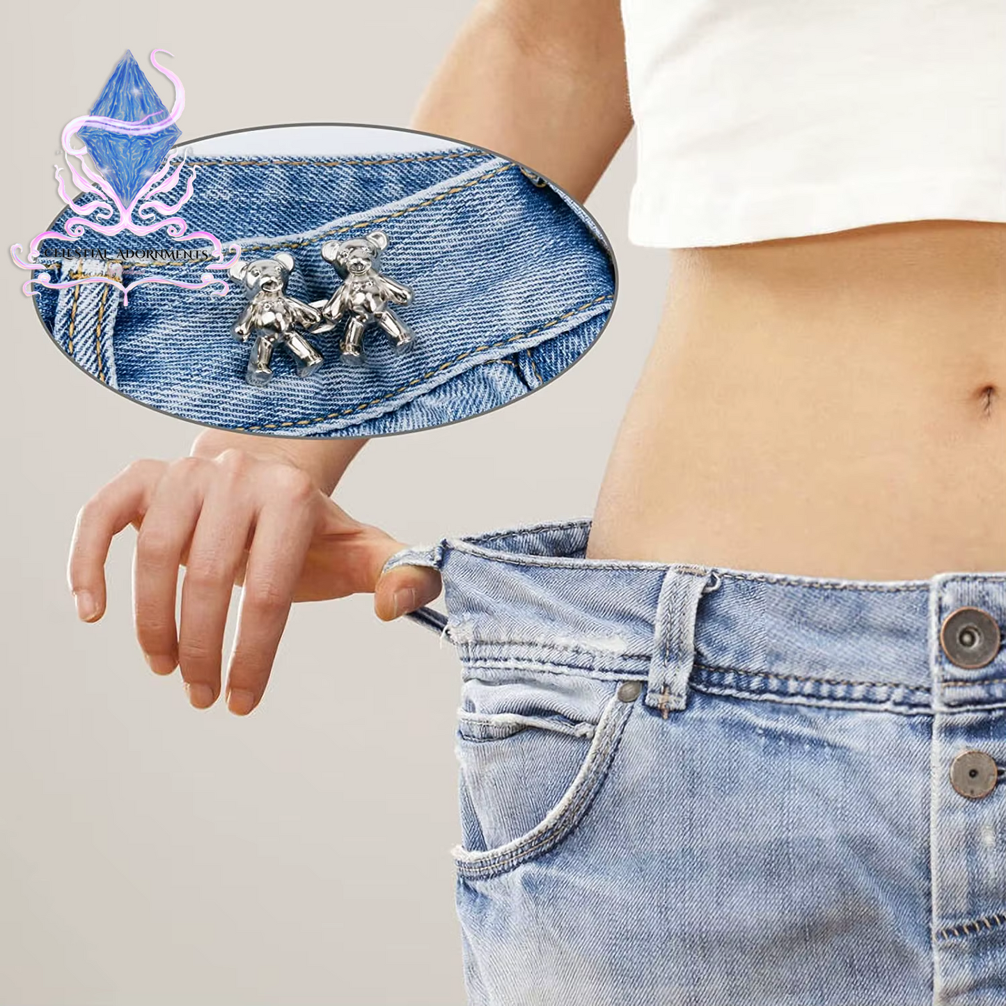 "Bear-ly Fit: Adjustable Jean Button Pins 🐻👖" Instantly tighten your jeans with these adorable bear-shaped button pins—no sewing required! Perfect for a cute, quick fix. ✨💖