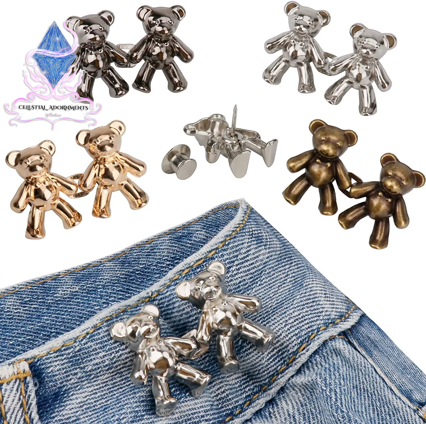 "Bear-ly Fit: Adjustable Jean Button Pins 🐻👖" Instantly tighten your jeans with these adorable bear-shaped button pins—no sewing required! Perfect for a cute, quick fix. ✨💖