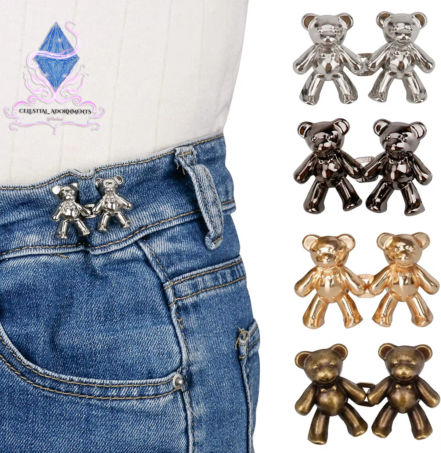 "Bear-ly Fit: Adjustable Jean Button Pins 🐻👖" Instantly tighten your jeans with these adorable bear-shaped button pins—no sewing required! Perfect for a cute, quick fix. ✨💖