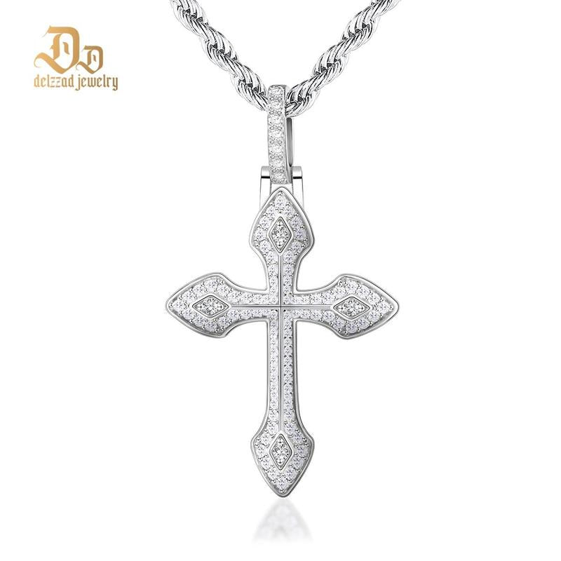 Delzzad 1.7Ct round Pointed Cross Necklace D Color Synthetic Moissanite S925 Unisex Pendant Necklace Birthday Anniversary Gift for Men Women