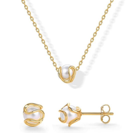 PAVOI 14K Gold Plated round Shell Pearl Jewelry Set for Women - Gold Pearl Necklace and Earring Set with Pendant Necklace and Caged Stud Earrings Pack