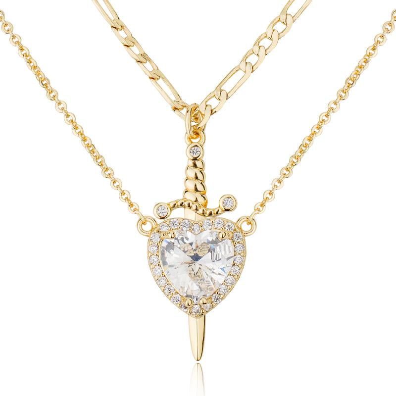 Eternal Love: Heart & Dagger Cross Pendant Necklace 💖⚔️"  A stunning gift for couples, this heart and rhinestone dagger cross pendant necklace blends elegance and bold style, perfect for expressing your unique bond. ✨💎