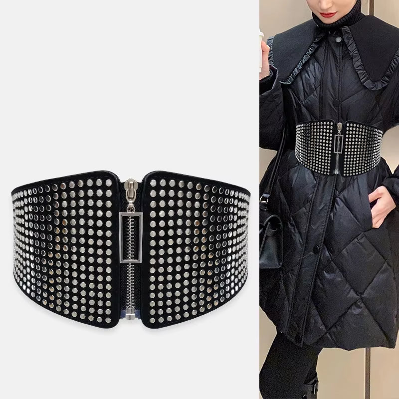 "Gothic Glam: Rivet Inlay Corset Belt for Women 🔥🖤"  Add an edge to your outfit with this wide elastic corset belt, complete with rivet inlays for a stunning gothic look that embraces punk and alternative style. ✨🖤