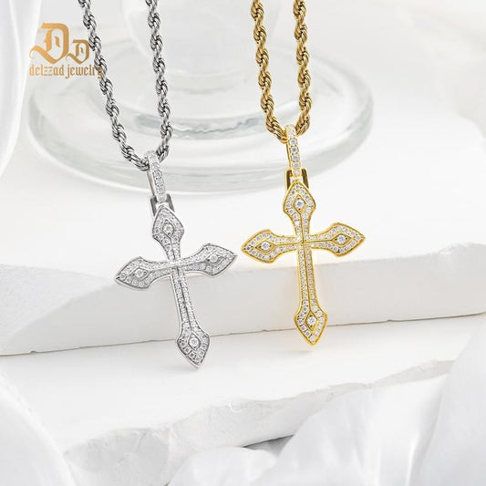 Delzzad 1.7Ct round Pointed Cross Necklace D Color Synthetic Moissanite S925 Unisex Pendant Necklace Birthday Anniversary Gift for Men Women
