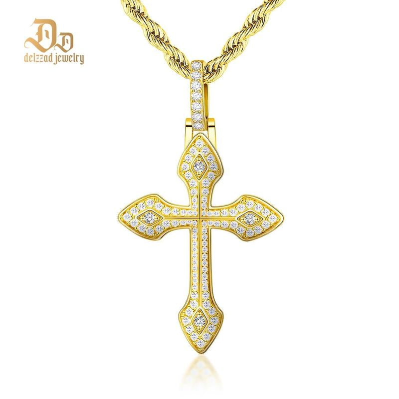 Delzzad 1.7Ct round Pointed Cross Necklace D Color Synthetic Moissanite S925 Unisex Pendant Necklace Birthday Anniversary Gift for Men Women