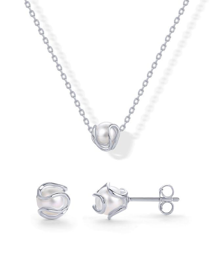 PAVOI 14K Gold Plated round Shell Pearl Jewelry Set for Women - Gold Pearl Necklace and Earring Set with Pendant Necklace and Caged Stud Earrings Pack