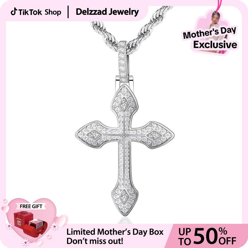 Delzzad 1.7Ct round Pointed Cross Necklace D Color Synthetic Moissanite S925 Unisex Pendant Necklace Birthday Anniversary Gift for Men Women