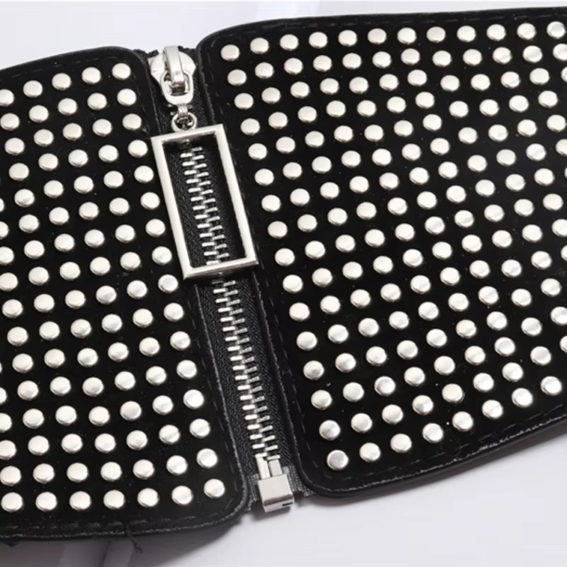 "Gothic Glam: Rivet Inlay Corset Belt for Women 🔥🖤"  Add an edge to your outfit with this wide elastic corset belt, complete with rivet inlays for a stunning gothic look that embraces punk and alternative style. ✨🖤