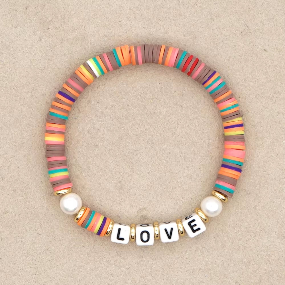 Boho Style Handmade Natural Shell and Beaded Multicolor Clay and Pearl Letter Bracelet for Women Bracelets 2023 Gift Famale