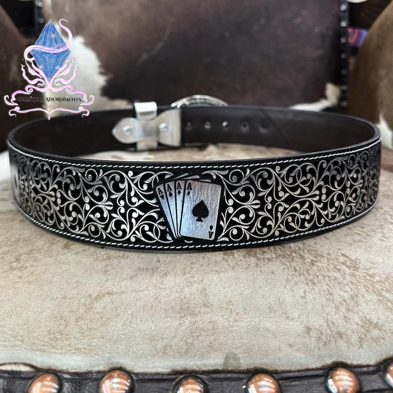"Lucky Ace: Poker-Inspired Leather Belt 🖤♣️"  Step up your fashion game with this leather belt, designed with poker of aces details for those who like to bet on style. 💥✨