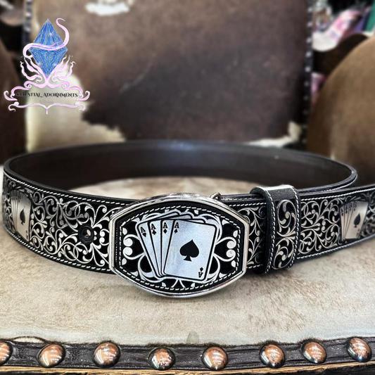 "Lucky Ace: Poker-Inspired Leather Belt 🖤♣️"  Step up your fashion game with this leather belt, designed with poker of aces details for those who like to bet on style. 💥✨
