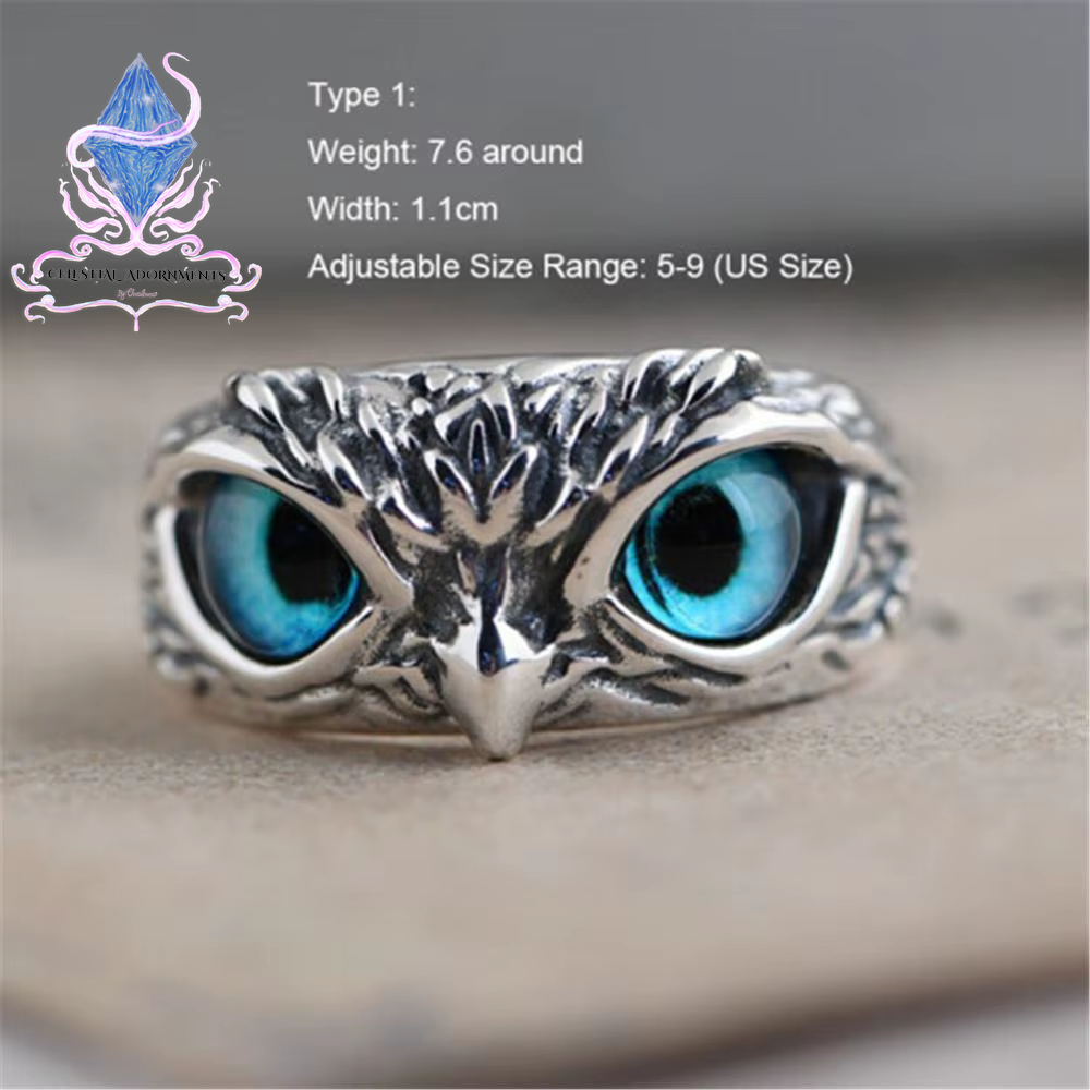 "Enchanting Owl: Colorful Cat Eye Gothic Ring 🦉✨"  A perfect blend of mysticism and style, this adjustable owl ring with a colorful cat-eye stone is a unique and trendy piece for both men and women. 💖💎